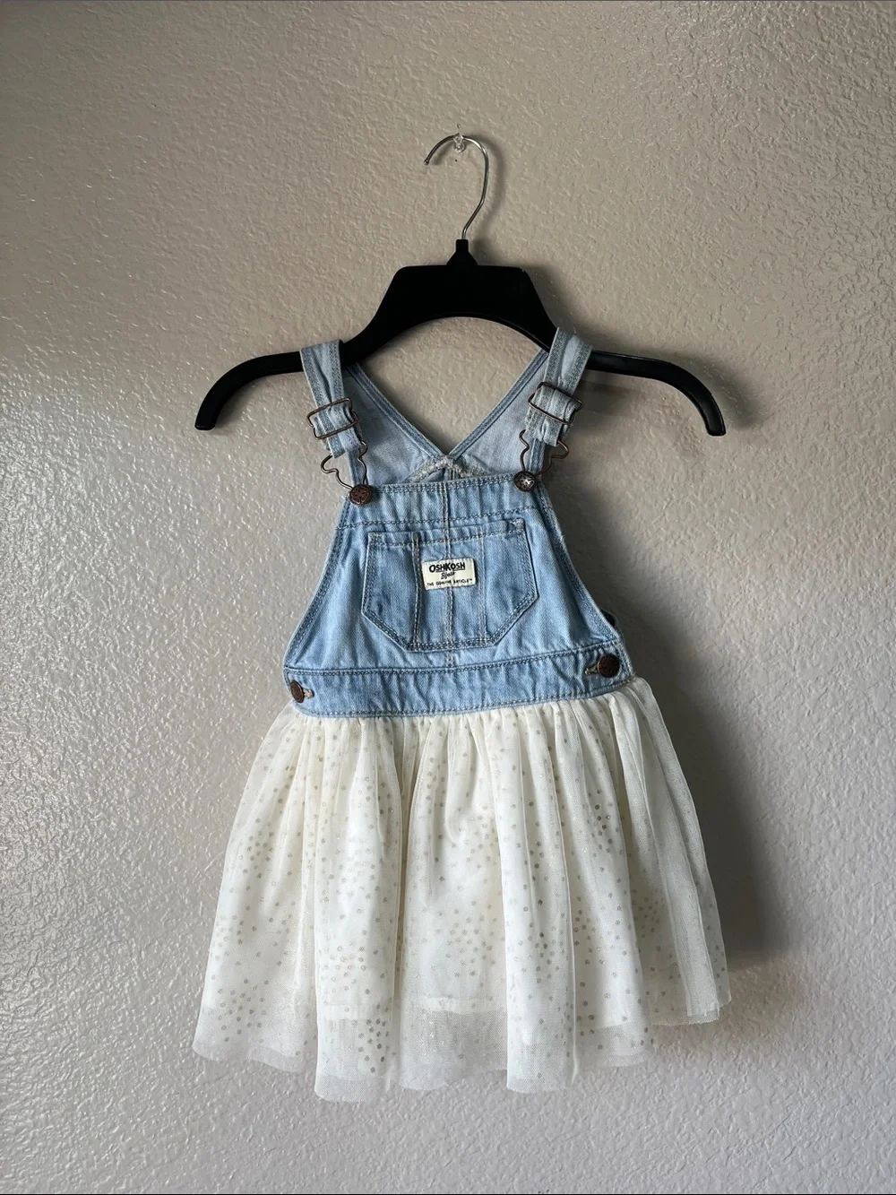 OshKosh B'gosh Light Blue Denim Overall Dress with White Tulle Skirt Sz 3T